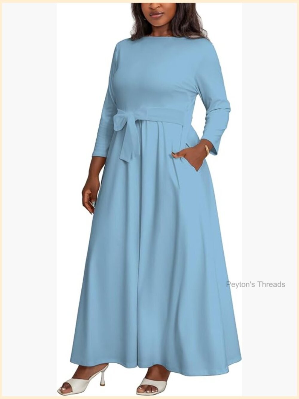 Plus Size Maxi Dress with Belt Crew Neck 3/4 Sleeve Flowy